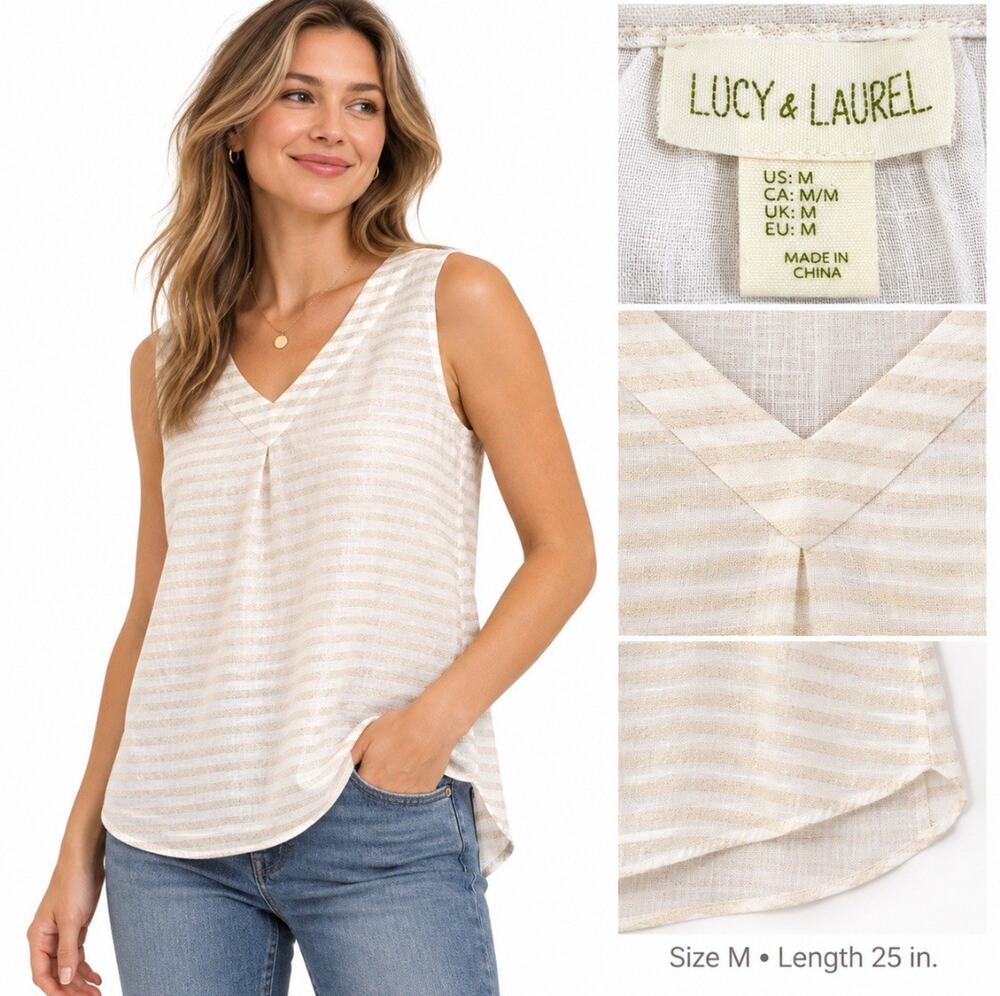 Relaxed Resort Coastal Lucy & Laurel Women's Linen Striped Tank Size M Ivory Tan